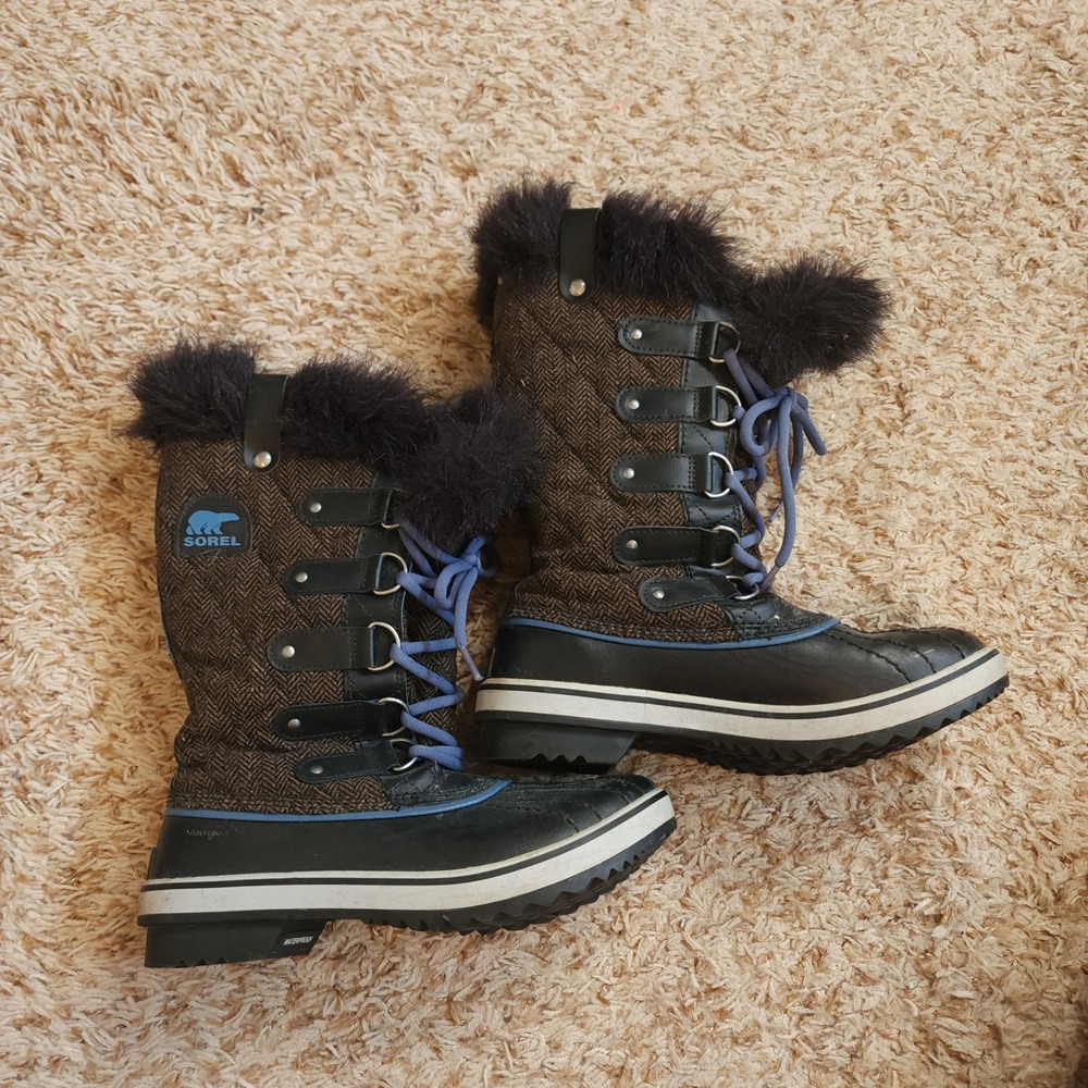 Sorel Tofino Herringbone Winter Boots Women 7 Brown Black Waterproof Faux Fur